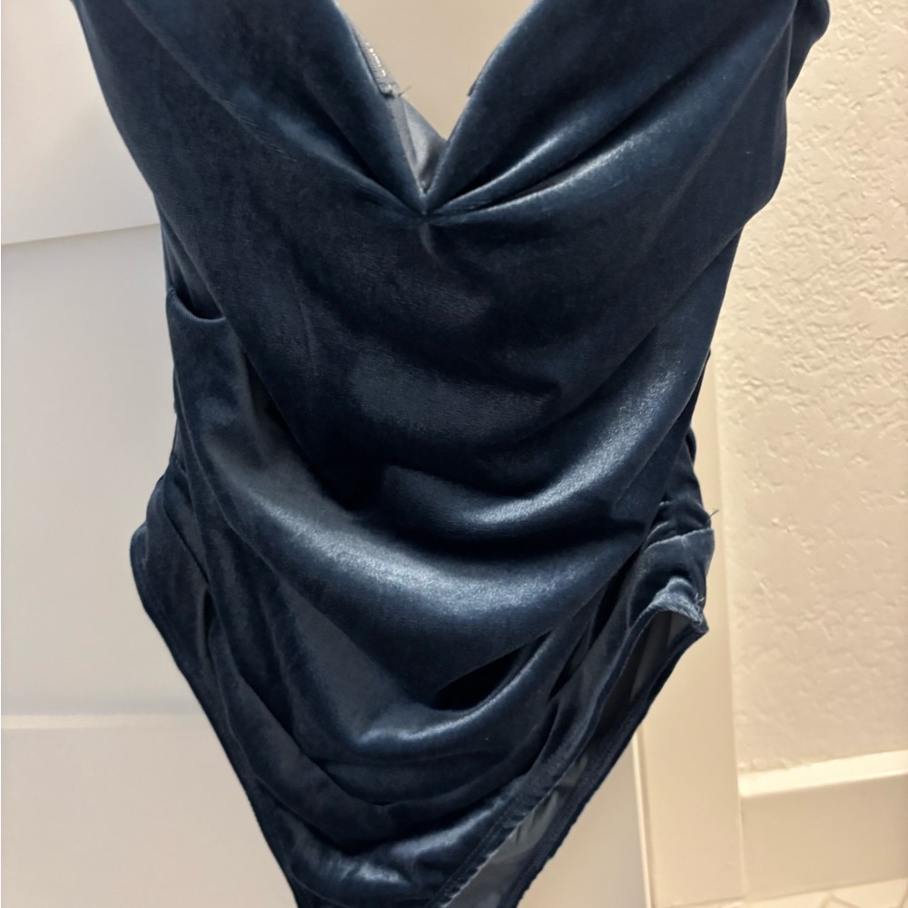 Fashion Nova Blue Velvet Corset Bodysuit